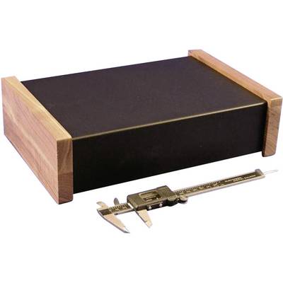 A granite measuring plate with two wooden edges, with a vernier caliper lying beside it. Used for precise measurements and calibrations.