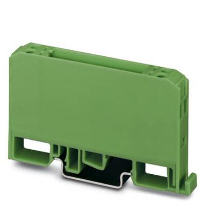 Green electrical terminal block, viewed from the side, on a white background.