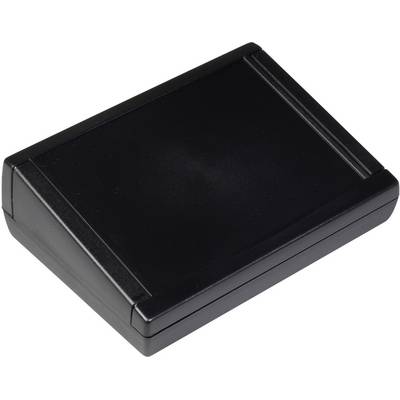 Black rectangular plastic enclosure with bevelled edges. Suitable for electronic projects or devices.