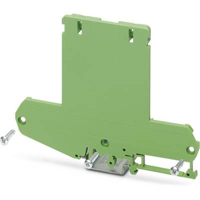 Green electrical terminal block with side-mounted screws, suitable for mounting on a DIN rail in electrical control cabinets.