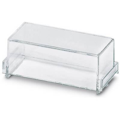 Transparent, rectangular plastic cover that may serve as protection for technical or electronic components.