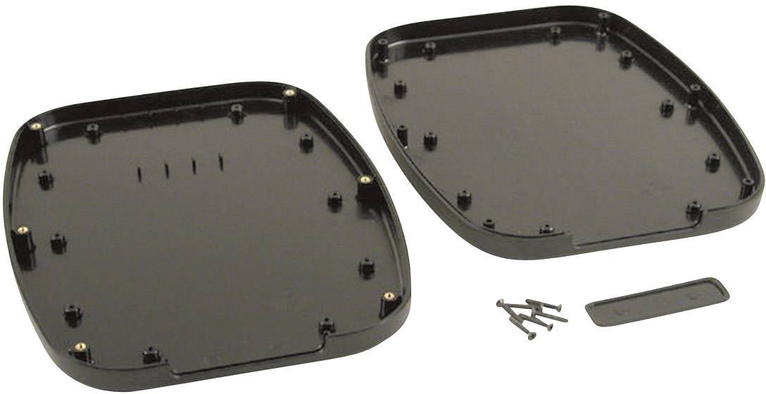 Two rectangular, black plastic covers with screws and cover part on a light background.
