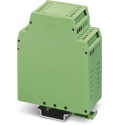 A green electronic enclosure for DIN rail mounting. It features multiple ventilation slots and connections on the top and sides.