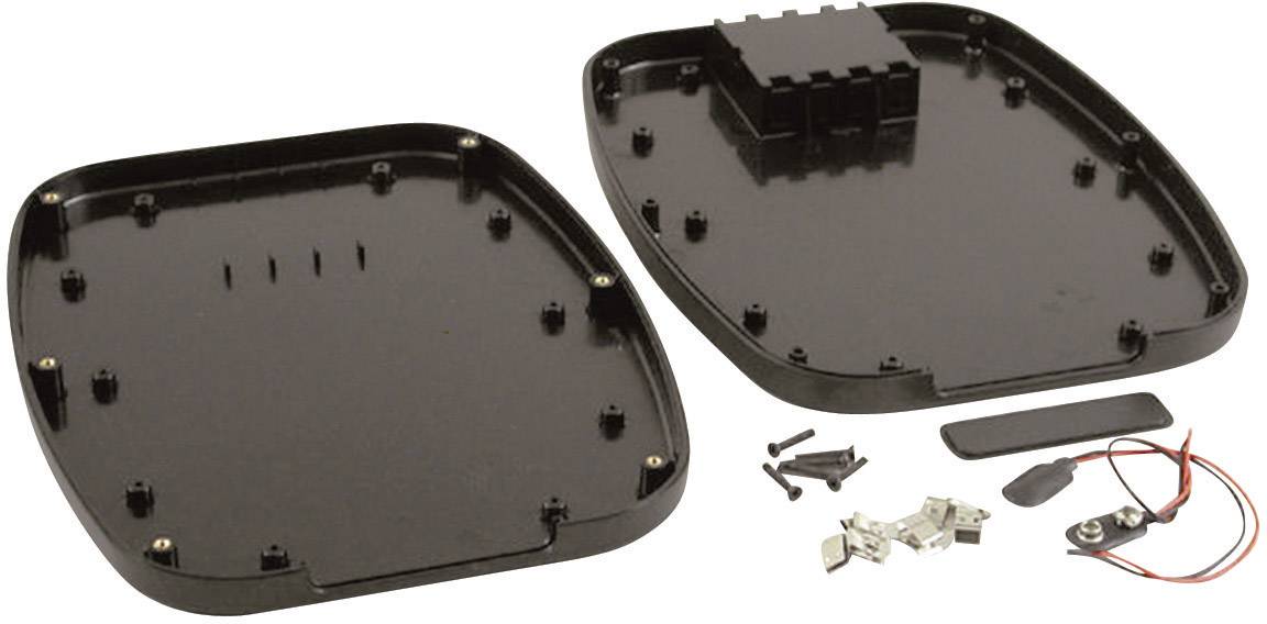 Two black plastic plates side by side with screws and small metal and cable parts for assembly lying beside them.