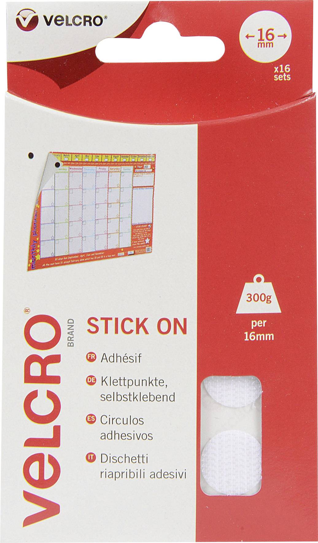 Packaging of self-adhesive hook and loop dots, 16 mm, 16 sets. Brand name 'VELCRO' and an example of use pictured top left.