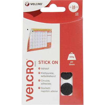 Packet of 16 self-adhesive hook and loop dots, 16 mm in size, Velcro brand. Includes an image of a calendar as a suggested application.