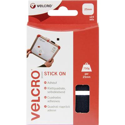 Velcro squares packaging, brand 'Velcro', 25 mm, self-adhesive, contains 24 sets. Displays example application on a board.