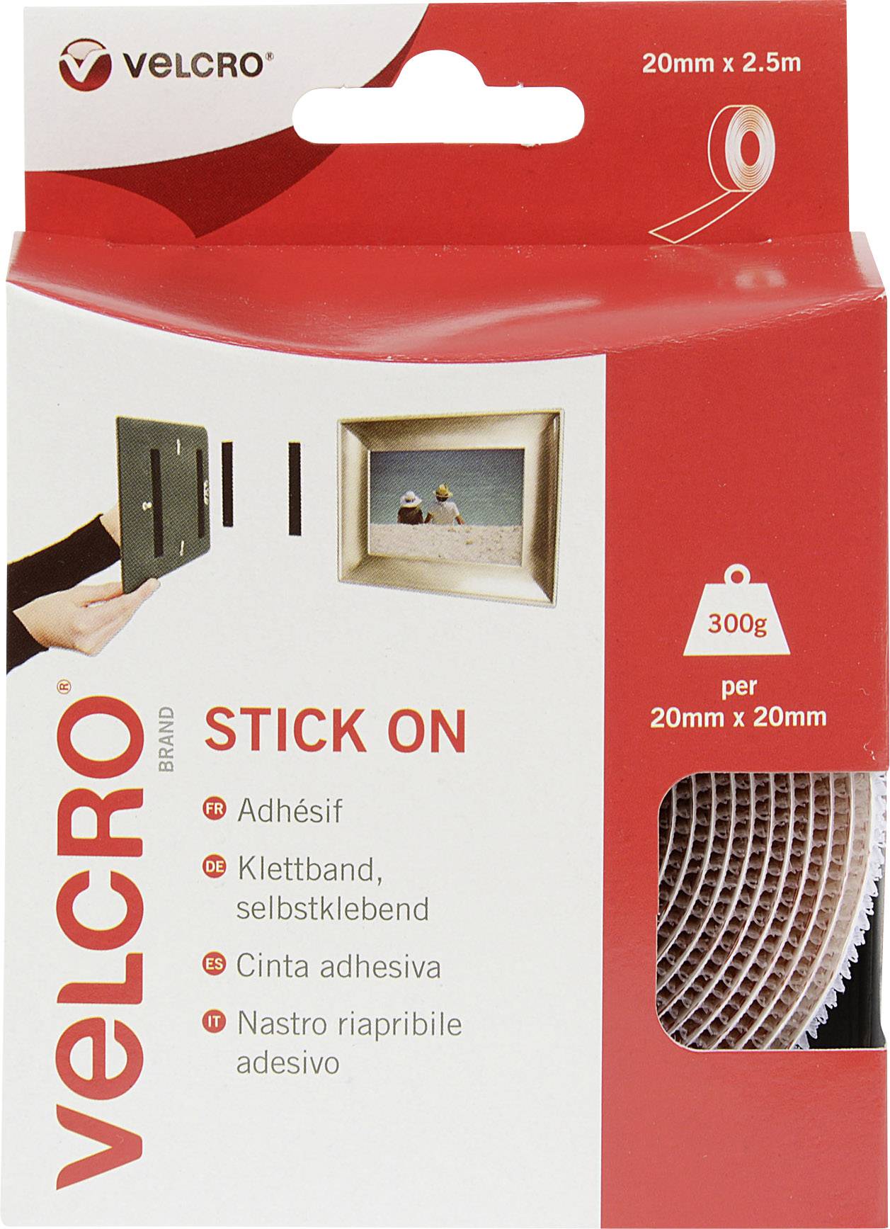 'Velcro Stick On' Hook and Loop Fastening; 20mm x 2.5m; suitable for objects up to 300g. Visual instructions demonstrate application on a picture frame.
