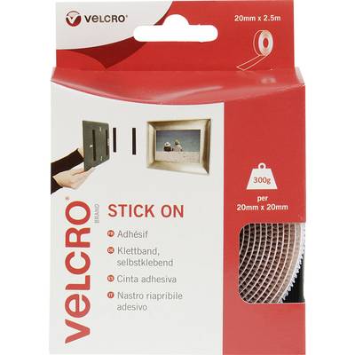 'Velcro Stick On' Hook and Loop Fastening; 20mm x 2.5m; suitable for objects up to 300g. Visual instructions demonstrate application on a picture frame.