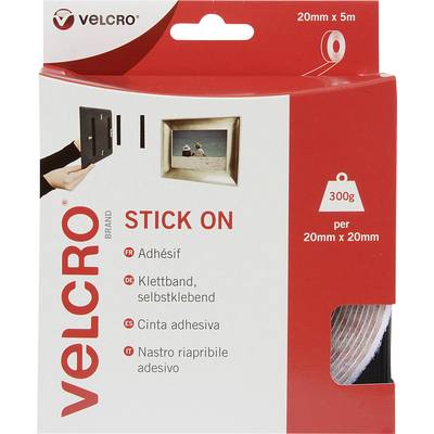 Hook and loop fastener roll, Velcro brand. Details: 20 mm x 5 m, self-adhesive, 300 g load capacity per 20 mm x 20 mm strip. Use cases illustrated.