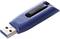 Blue USB stick with 'Verbatim' logo, side view, showing a USB-A plug on the left side.