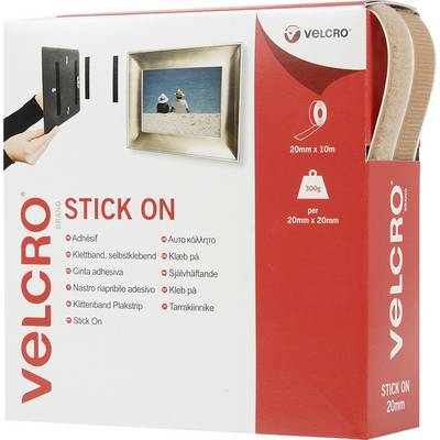 'Velcro Stick On' packaging with red and white design; shows a hand attaching a picture frame to a wall using hook-and-loop fastener.
