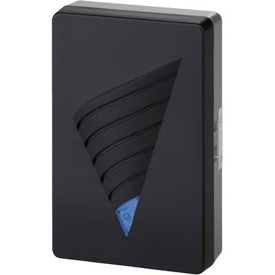Black rectangular box with diagonal grooves and a blue triangular detail in the lower corner.