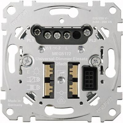 Built-in dimmer module with multiple connection terminals, labelled 'Universal Dimmer Module', suitable for 220/230 V, Made in Germany.