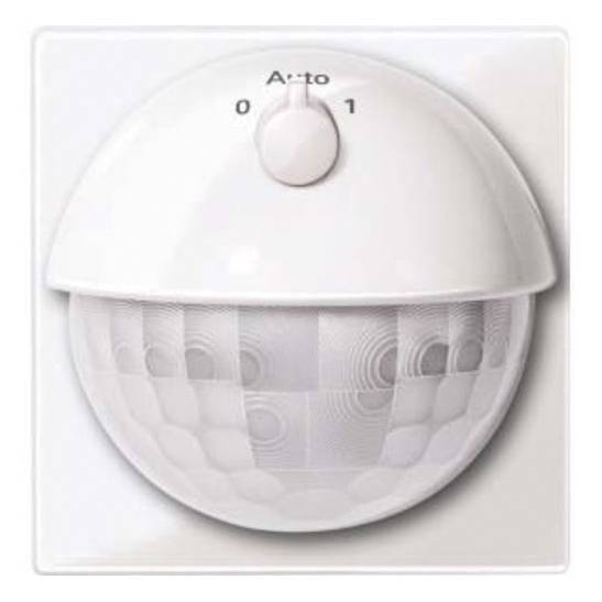 A white motion sensor with a switch on top labelled 'Auto' and the numbers '0' and '1'. Ideal for automated lighting.