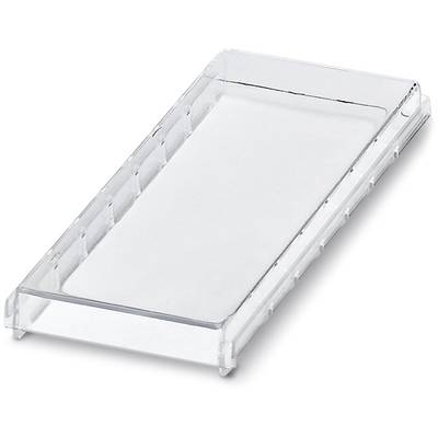 A transparent, rectangular acrylic stand with a slight inclination, ideal for displaying flat items such as brochures.