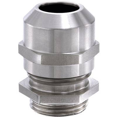 A metal cable gland, cylindrical in shape with threading, suitable for secure fixing and sealing of cable ends.