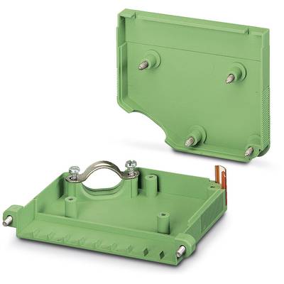 Green electronic enclosure with a removable lid, four screw mountings, and a metal bracket in the centre for securing.
