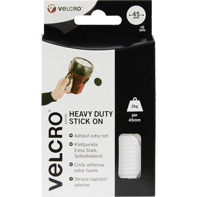 Packaging of a VELCRO brand hook and loop fastener with the print 'Heavy Duty Stick On'. A stuck-on dot is highlighted.