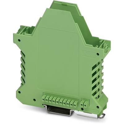 'Green, rectangular electronics enclosure with multiple terminal connections on the underside. Suitable for DIN rail mounting.'