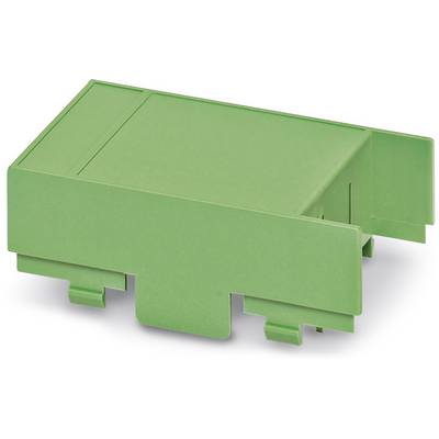 Green rectangular plastic enclosure for electronic devices, with mounting clips on the underside.
