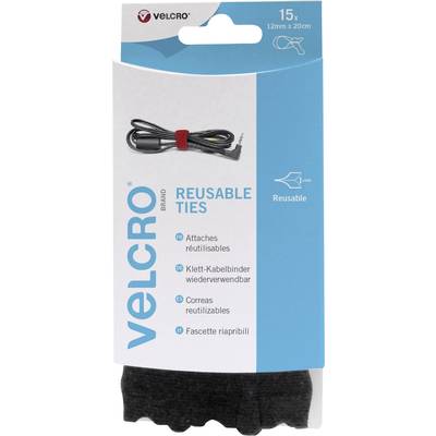 Packaging containing 15 reusable hook and loop cable ties by Velcro. Ties in black, suitable for bundling cables.
