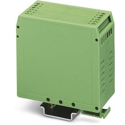 A rectangular, green plastic device with ventilation slots, mounted on a metal rail, manufacturer's logo and model number on top.