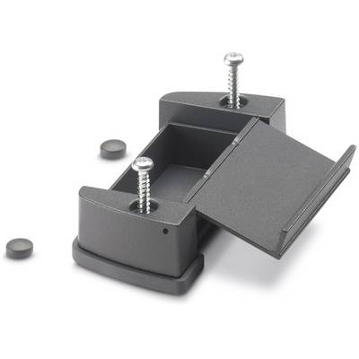 Black plastic housing component with two screws and a hinged lid, shown in open position against a white background.