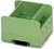 Green plastic housing with multiple compartments. It is used for mounting on DIN rails, typically for electronic components.