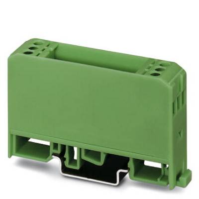 Green plastic enclosure for electronic components, rectangular with slots and openings for mounting in a technical environment.