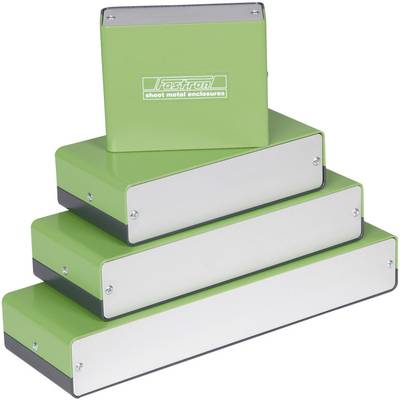 Several green metal enclosures of different sizes stacked on top of each other, with the inscription 'fastron sheet metal enclosures'.