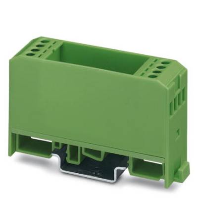 Green plastic enclosure for electronic components, suitable for mounting on DIN rails, with multiple connection options.