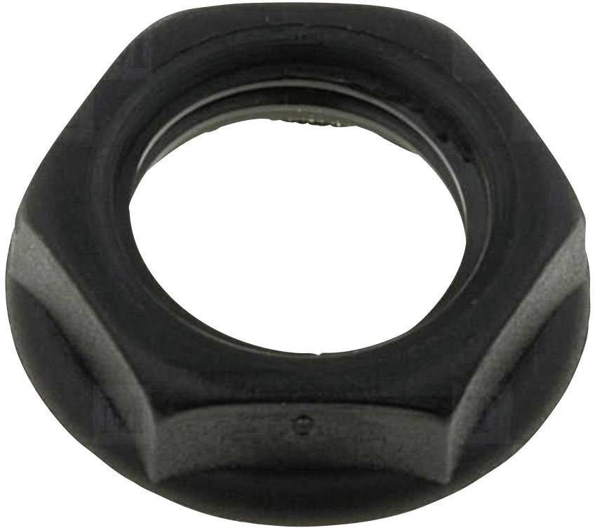 Black, hexagonal plastic nut with internal thread, potentially suitable for fastening or securing components.