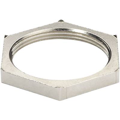Metal hexagon nut in silver. Used for securing mechanical components.