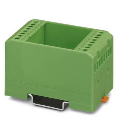 A green housing module with multiple connection openings, suitable for mounting on a DIN rail.