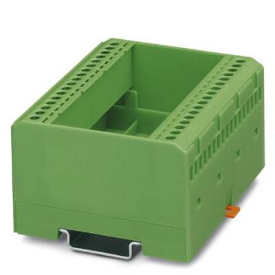 A green electronics enclosure with holes on the sides, likely for mounting on a DIN rail.