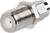 A silver coaxial adapter with threading and a hexagonal connection point, used for cable connections.