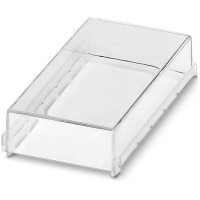 Rectangular transparent plastic box, without a lid, on a white surface.