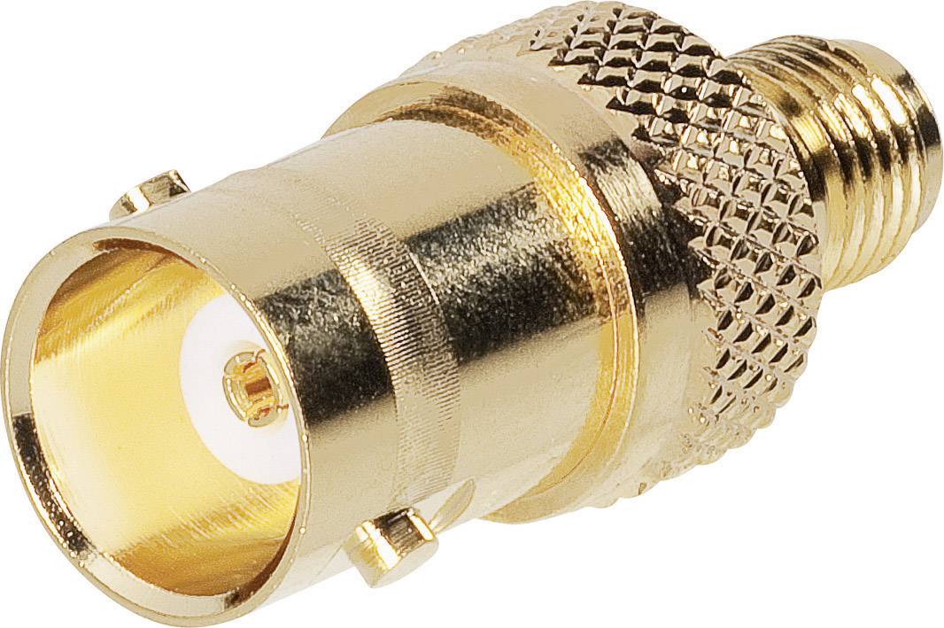A gold-coloured coaxial connector adapter with a ridged surface for better grip, suitable for connecting coaxial cables.