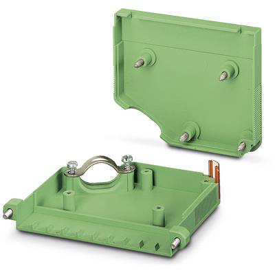 Green plastic enclosure in two parts for electronic components, with metal clip fastening and screw connections.