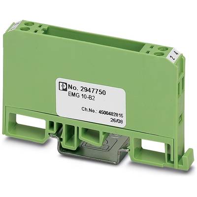 Green electrical component named EMG 10-B2 with number 2947750. Contains connection terminals and a metal mounting bracket on the underside.