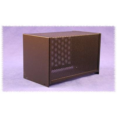 Rectangular black metal enclosure with perforated grille on the sides, placed on a light blue surface.