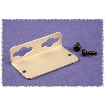 White metal angle bracket with two elongated holes, two black screws beside it, on a blue background. Suitable for wall mounting.