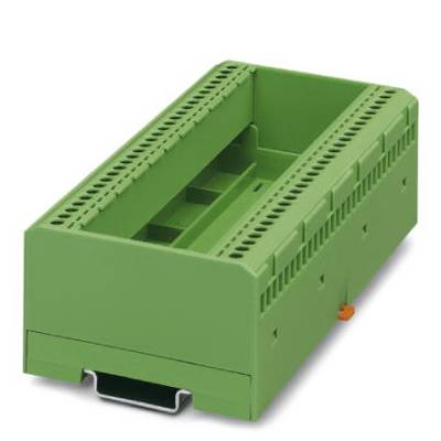 Green, rectangular plastic enclosure, commonly used in electronic devices, with slots and a mounting rail on the underside.