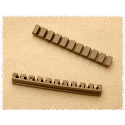 Two rust-brown LEGO fence elements on a beige surface. A shorter element on top, a longer element below.
