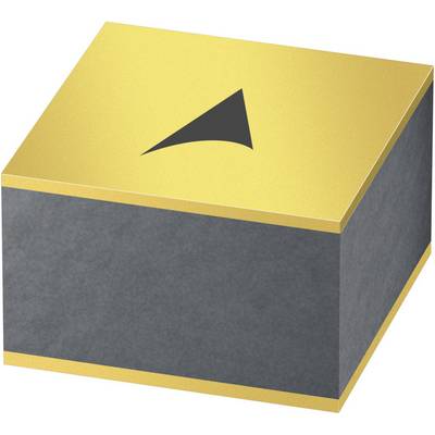 Small, golden cube with a black arrow symbol on the top surface. The cube is a microelectromechanical system (MEMS).