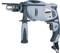 Electric drill in grey with a black handle and adjustable side support. Brand name and performance specifications on the casing.