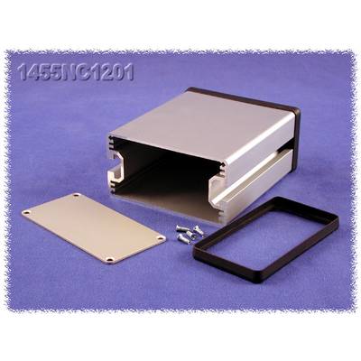 Silver rectangular aluminium housing on a purple background, open with accompanying lid, screws, and black sealing ring.