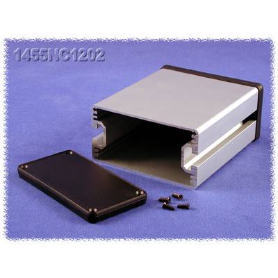 Metal enclosure 1455NC1202 with an open lid, four loose screws and a cover on a blue background.