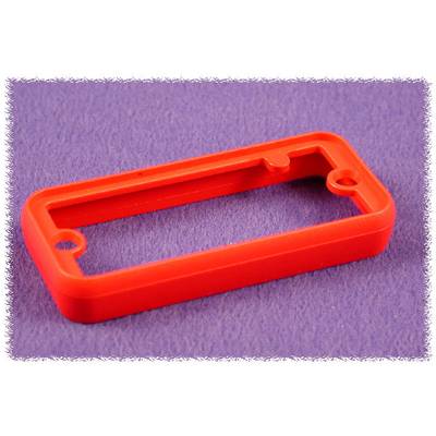 A red, rectangular plastic frame with rounded corners, lying on a lilac background.